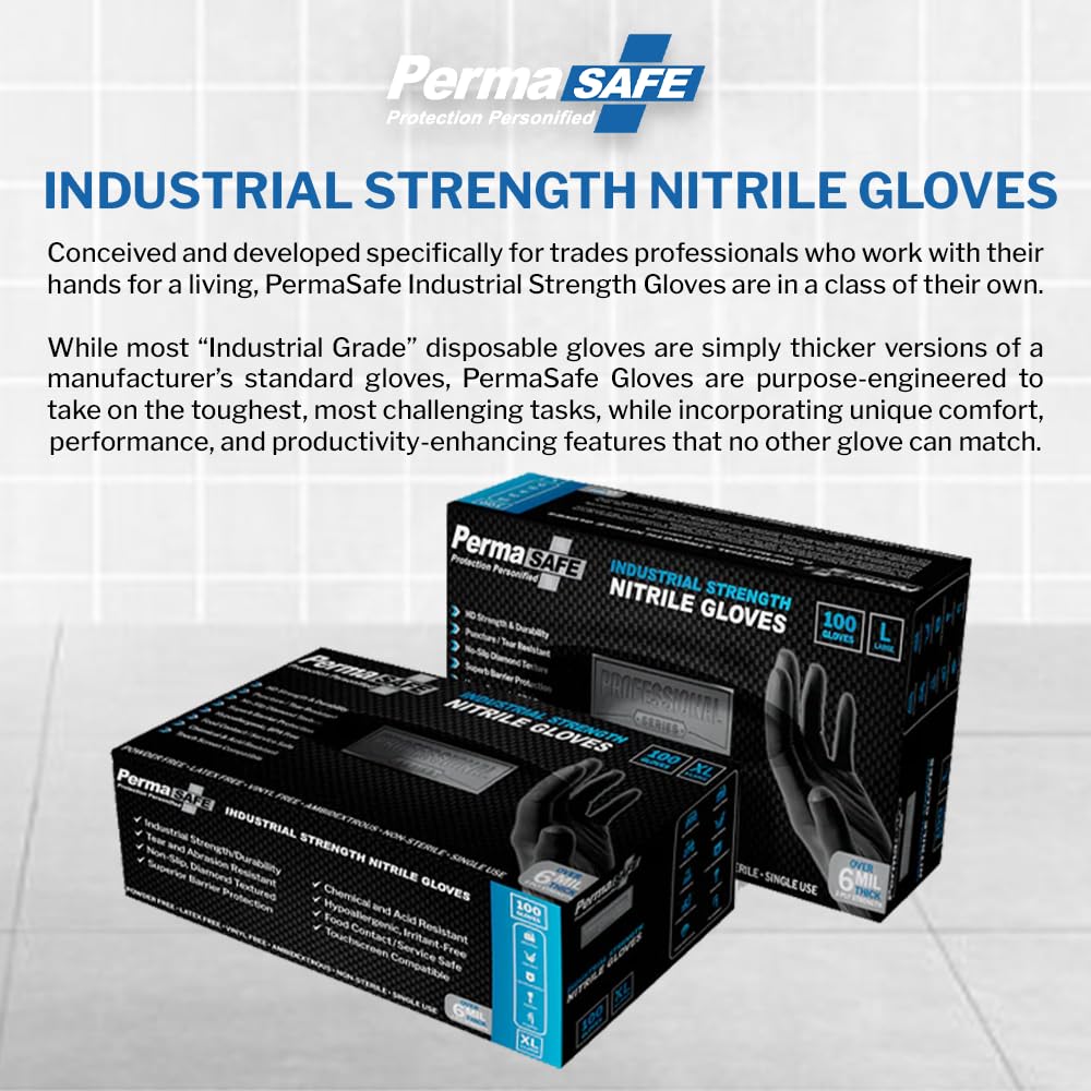 PermaSafe HD Black nitrile gloves textured palms; superior grip in wet conditions.