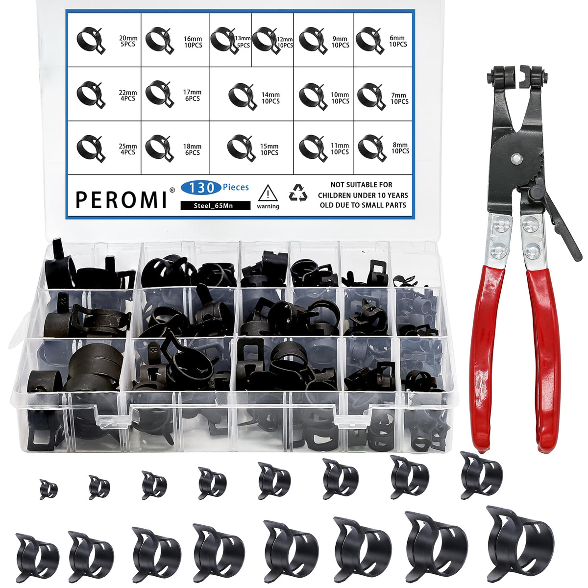 PEROMI 130Pcs clamps kit case showing organized storage for quick hose repairs