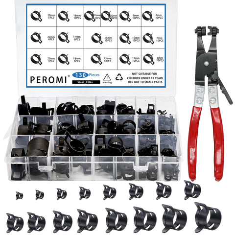 PEROMI 130Pcs clamps kit case showing organized storage for quick hose repairs