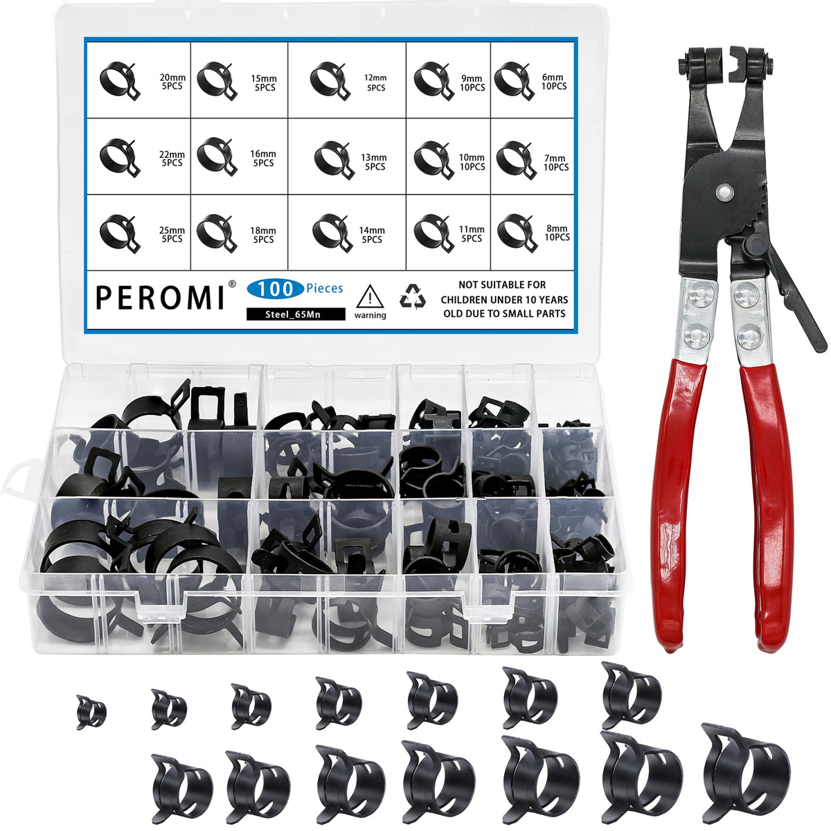 PEROMI spring band hose clamps kit in a sturdy case for organized storage