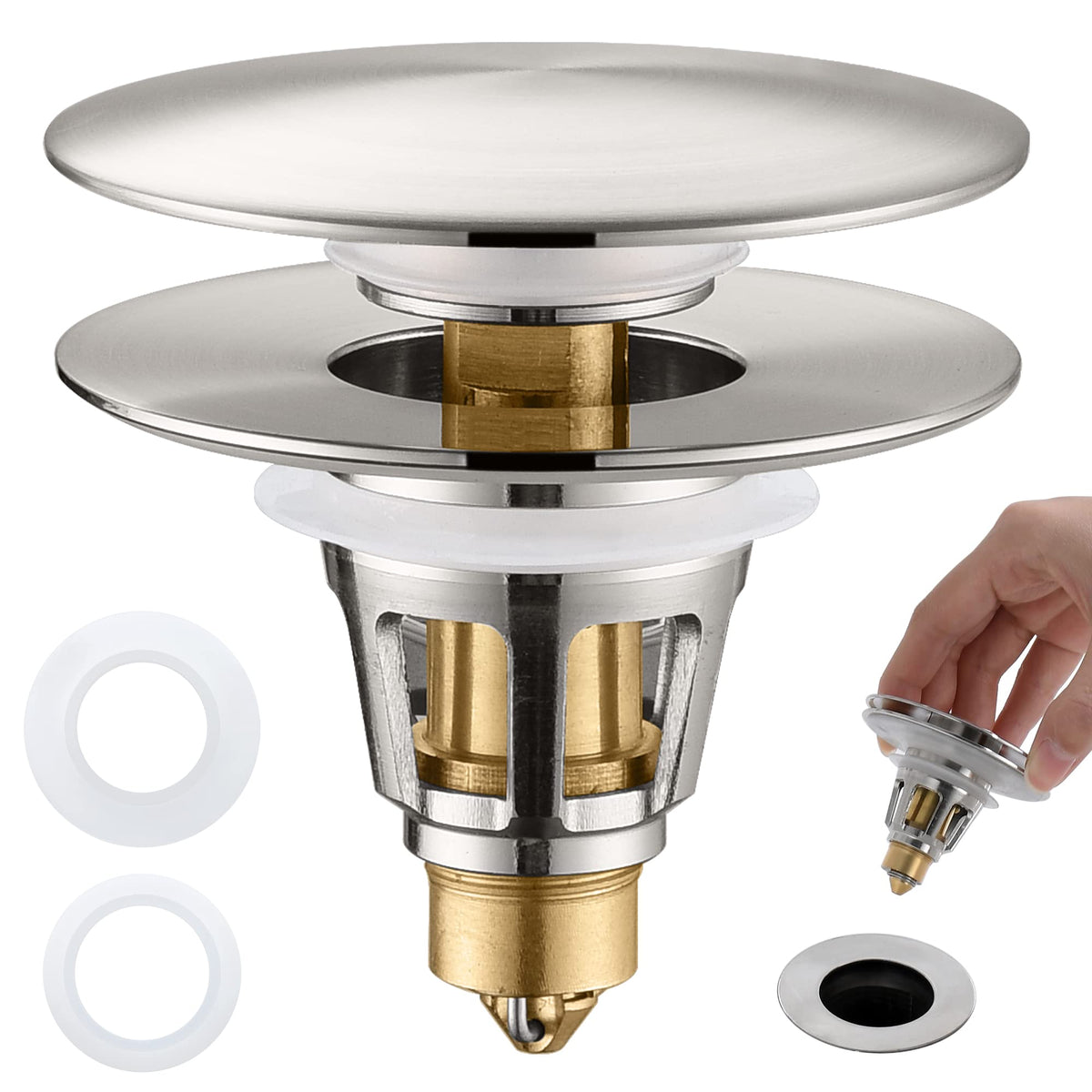 PerPaiMe 3-in-1 sink stopper in brushed nickel with universal fit for common drain sizes.