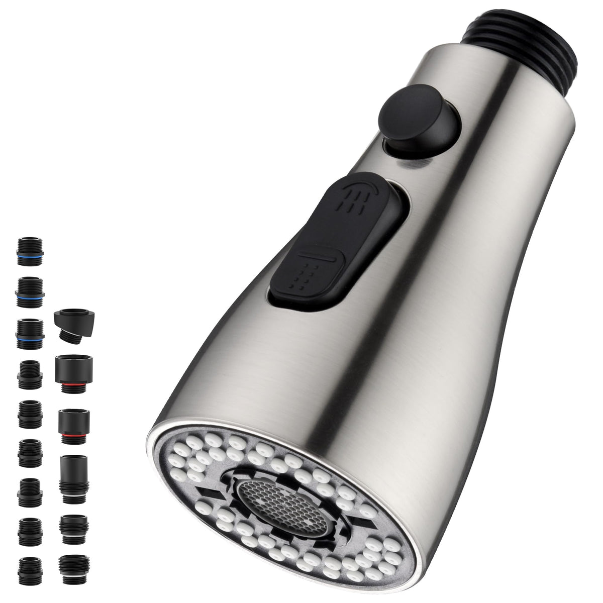 PerPaiMe brushed nickel pull-down spray head close-up highlights durable metal finish for busy kitchens.