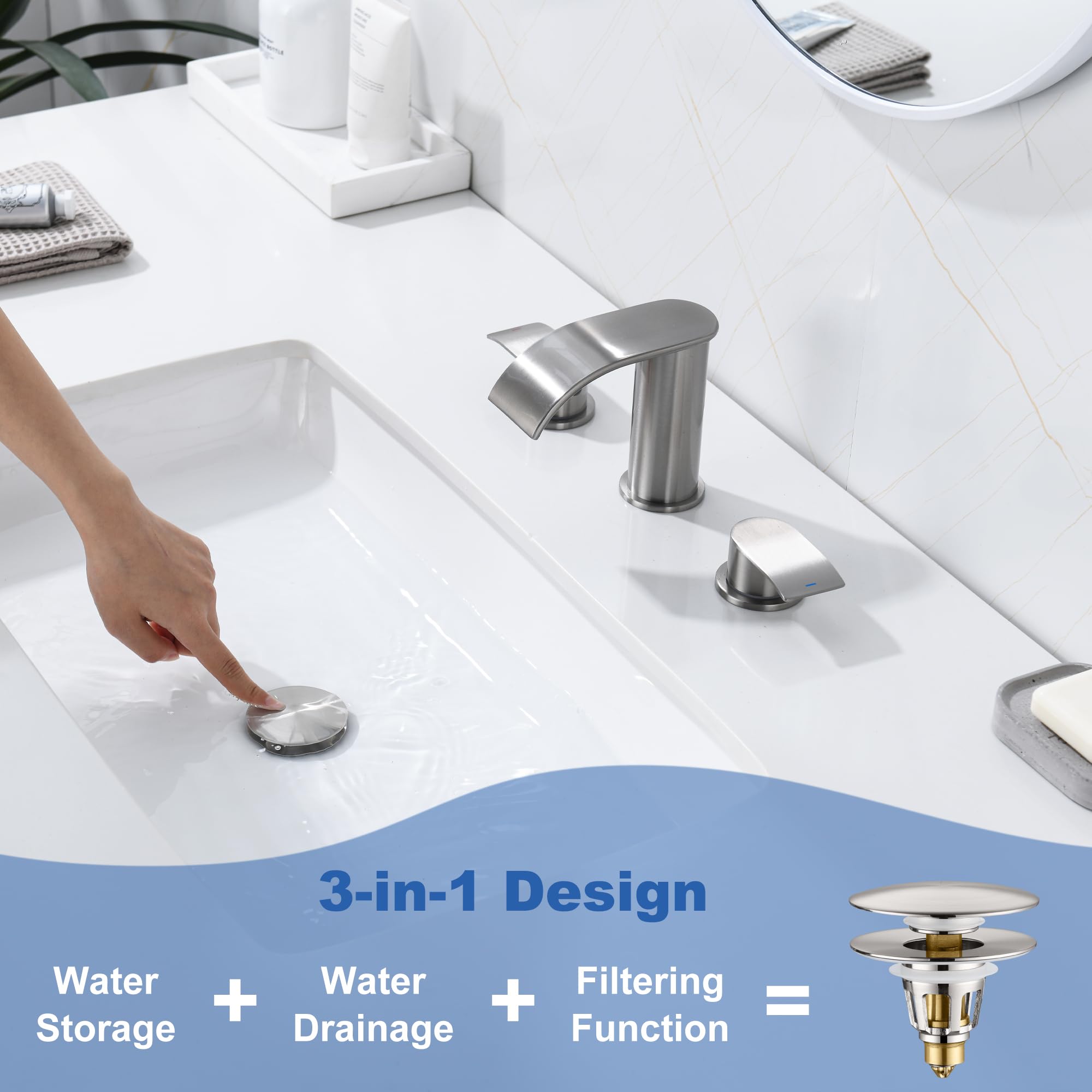 Installed pop-up in sink shows tool-free replacement.