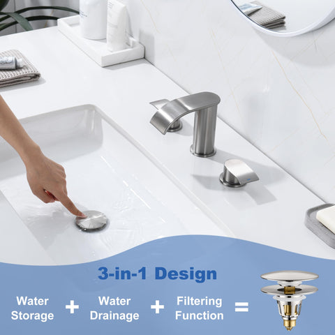 Installed pop-up in sink shows tool-free replacement.