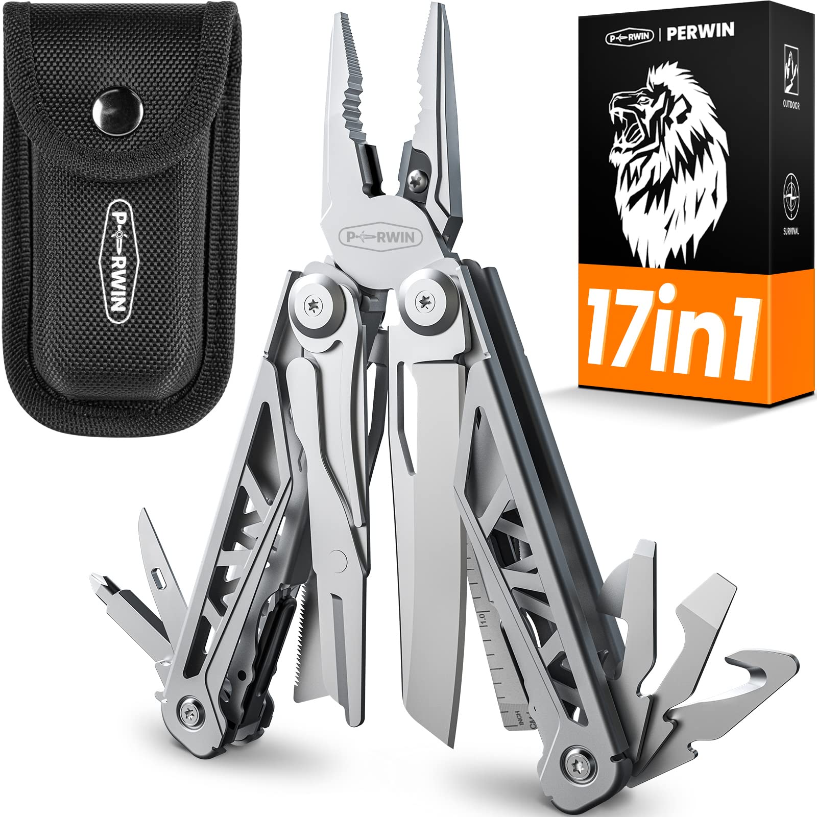 PERWIN multitool 17-in-1 pliers with self-locking for reliable field tasks.