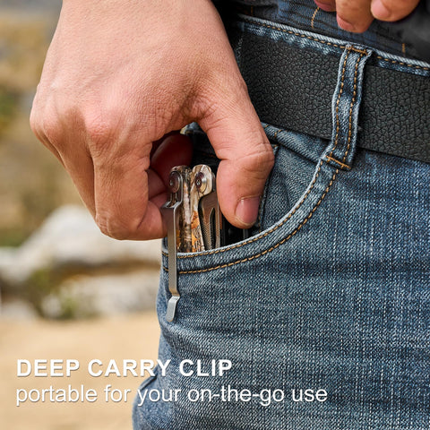 PERWIN camouflage multitool finish ideal for outdoor survival kits.