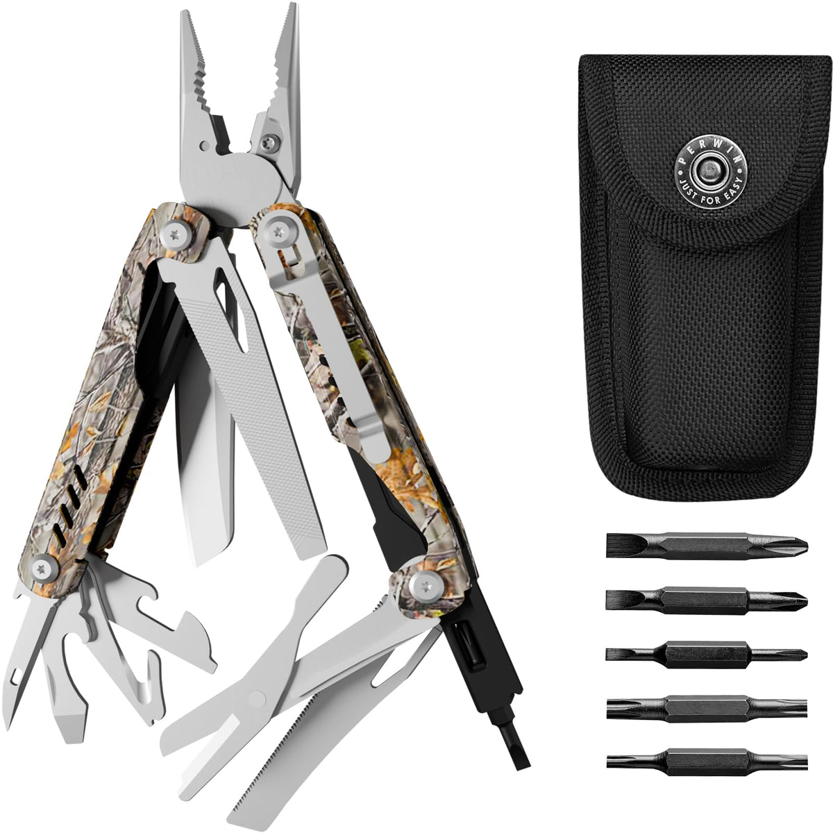 PERWIN Multitool 26-in-1 front view showing quick-access tools for on-the-go use.