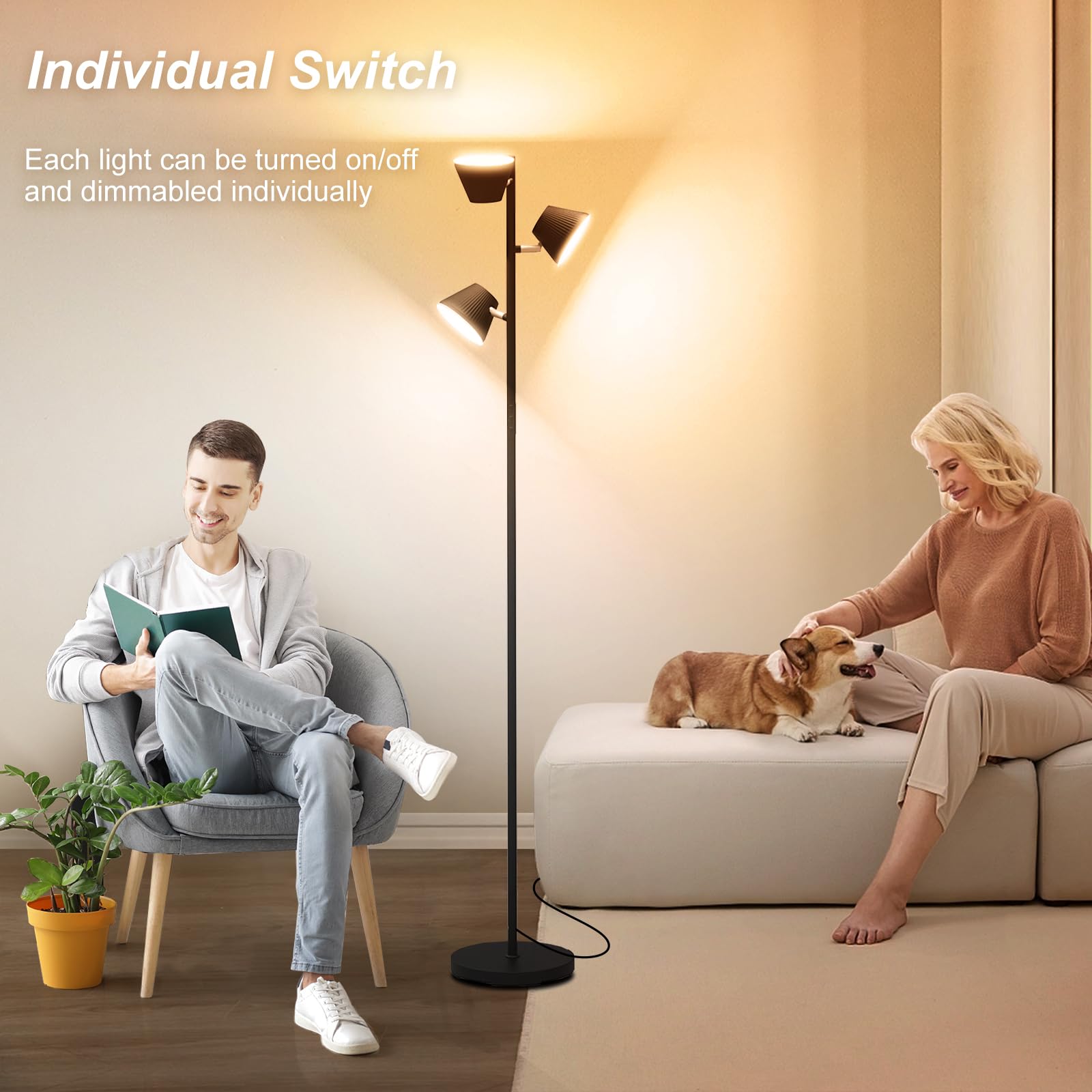 Pesken 42W LED Tree Floor Lamp heads enable independent brightness for multitasking lighting.