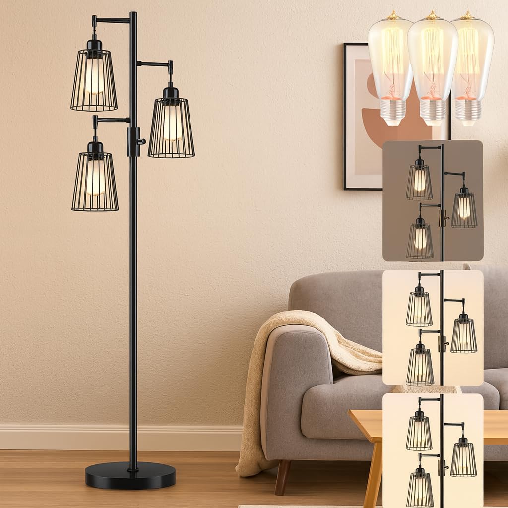 PESRAE dimmable industrial floor lamp with teardrop cage heads for versatile, cozy lighting.