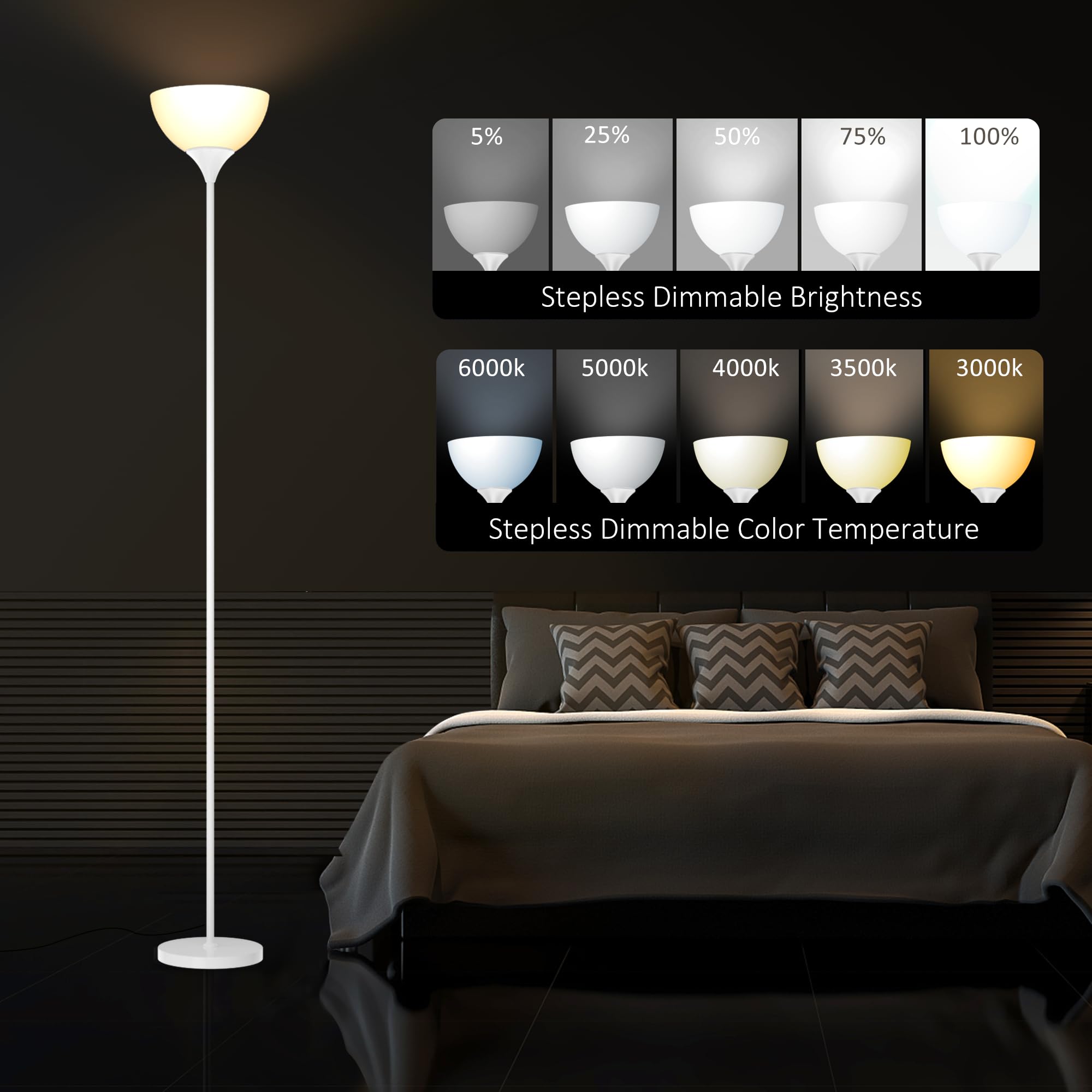 PESRAE floor lamp dimmable brightness — from soft night light to bright task lighting.