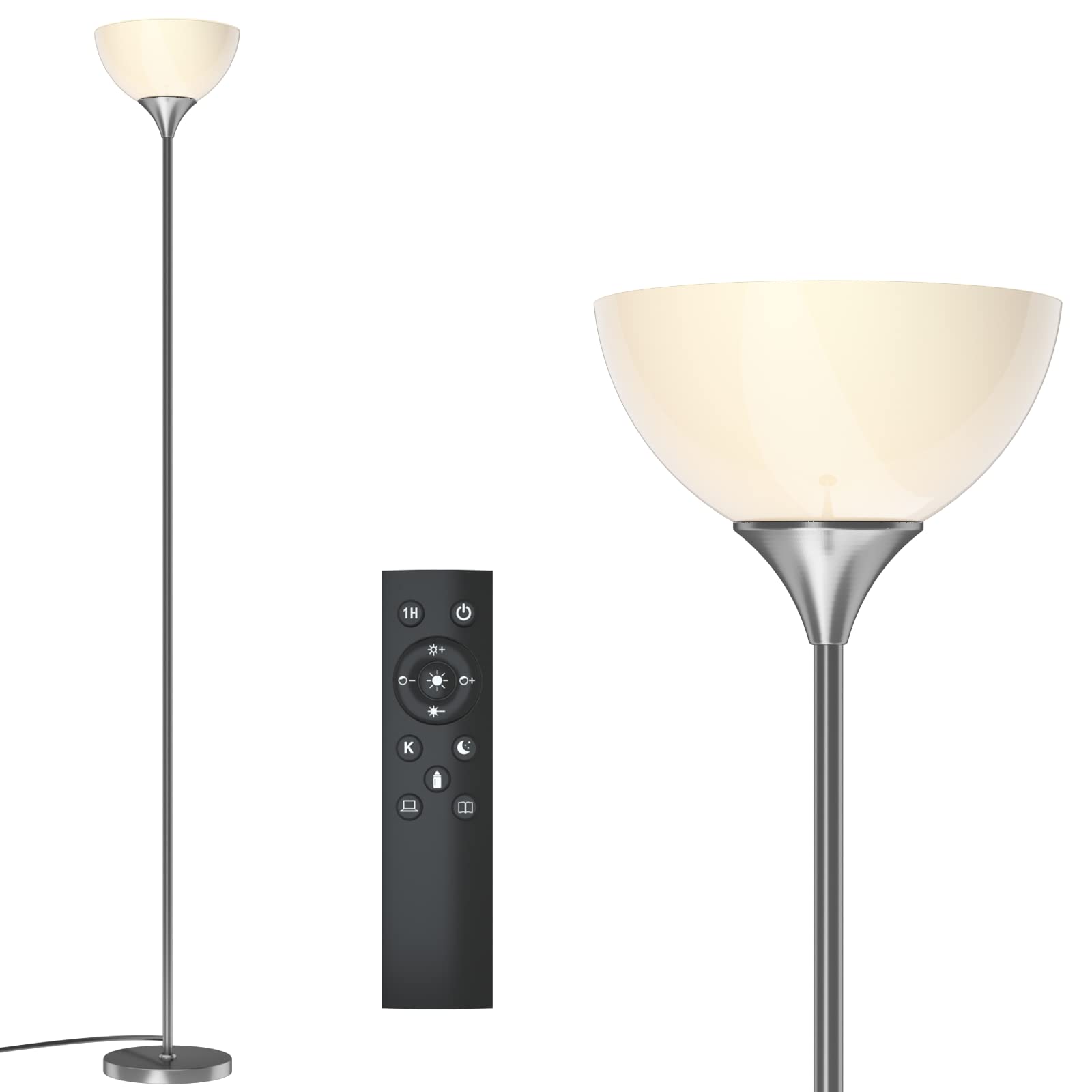 PESRAE floor lamp with remote control in brushed nickel for easy brightness control