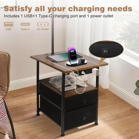 PESRAE floor lamp includes USB-C and AC outlet for multi-device charging.