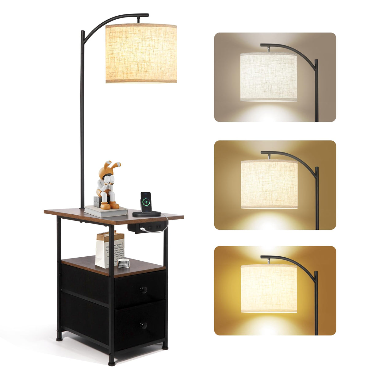 PESRAE floor lamp with table and drawers provides convenient storage beside the bed.