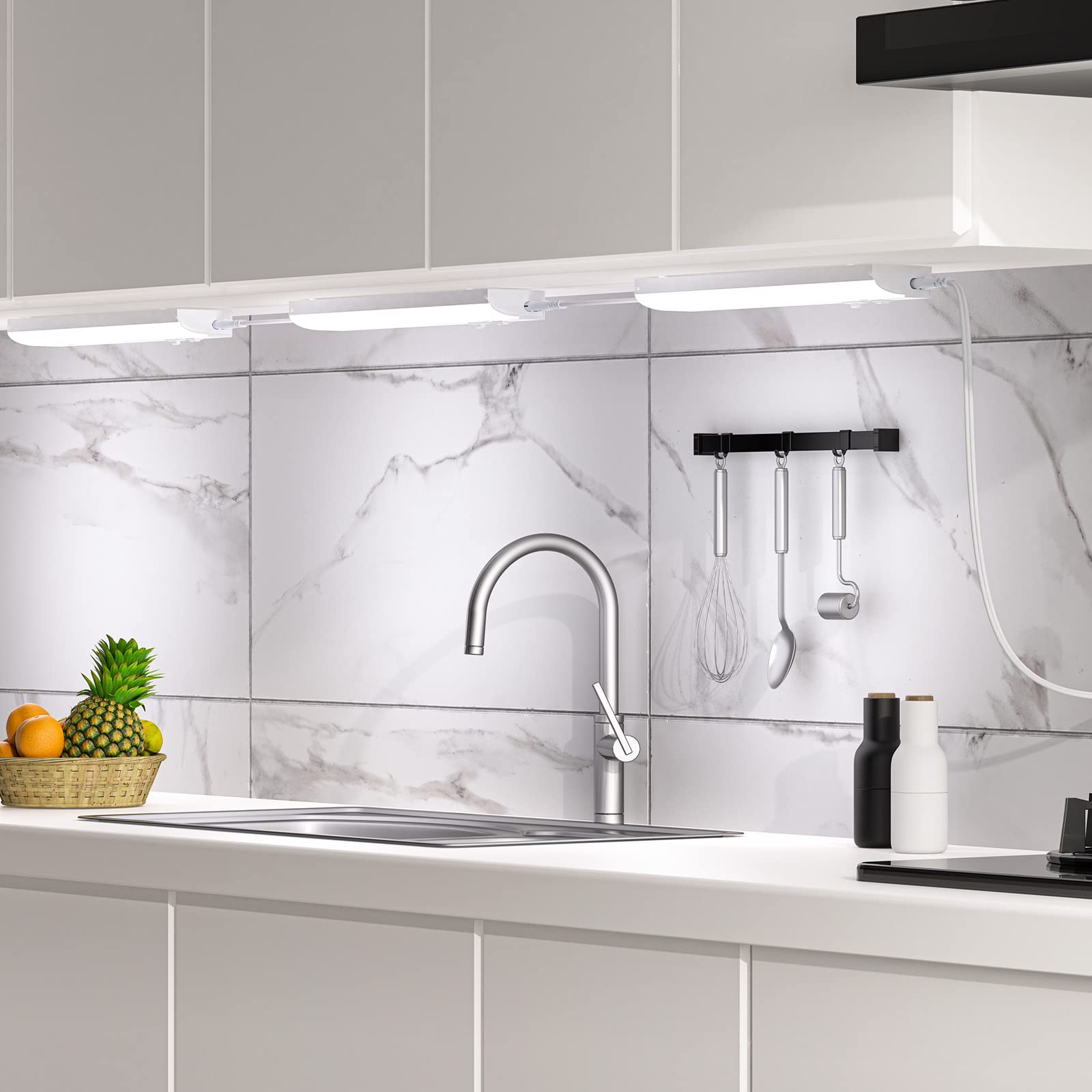 PESUTEN plug-in under-cabinet light dimmable with three color options for mood lighting.