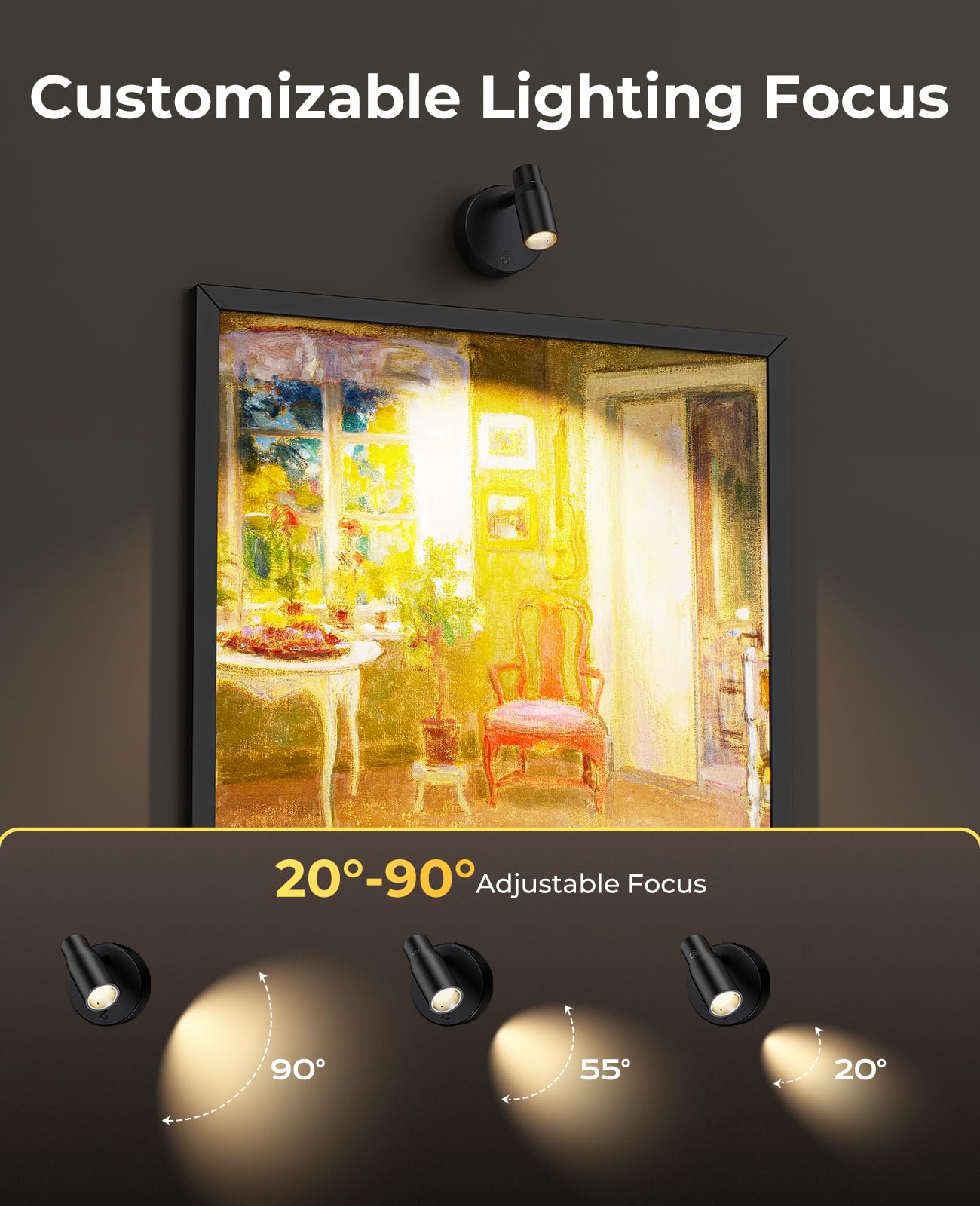 PESUTEN Spot Light arm rotation helps illuminate wall art from multiple angles.
