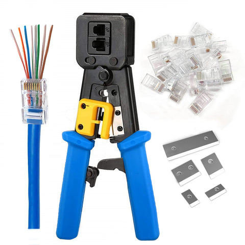 PETECHTOOL RJ45 crimping tool demonstrates precise terminations for Cat6 and Cat5e cables