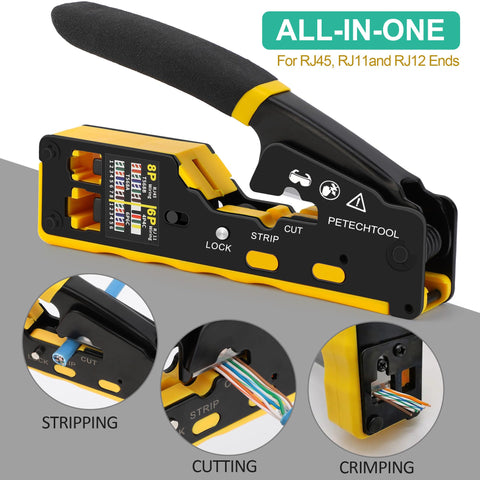 PETECHTOOL tool trims excess wires during crimping with built-in blade.