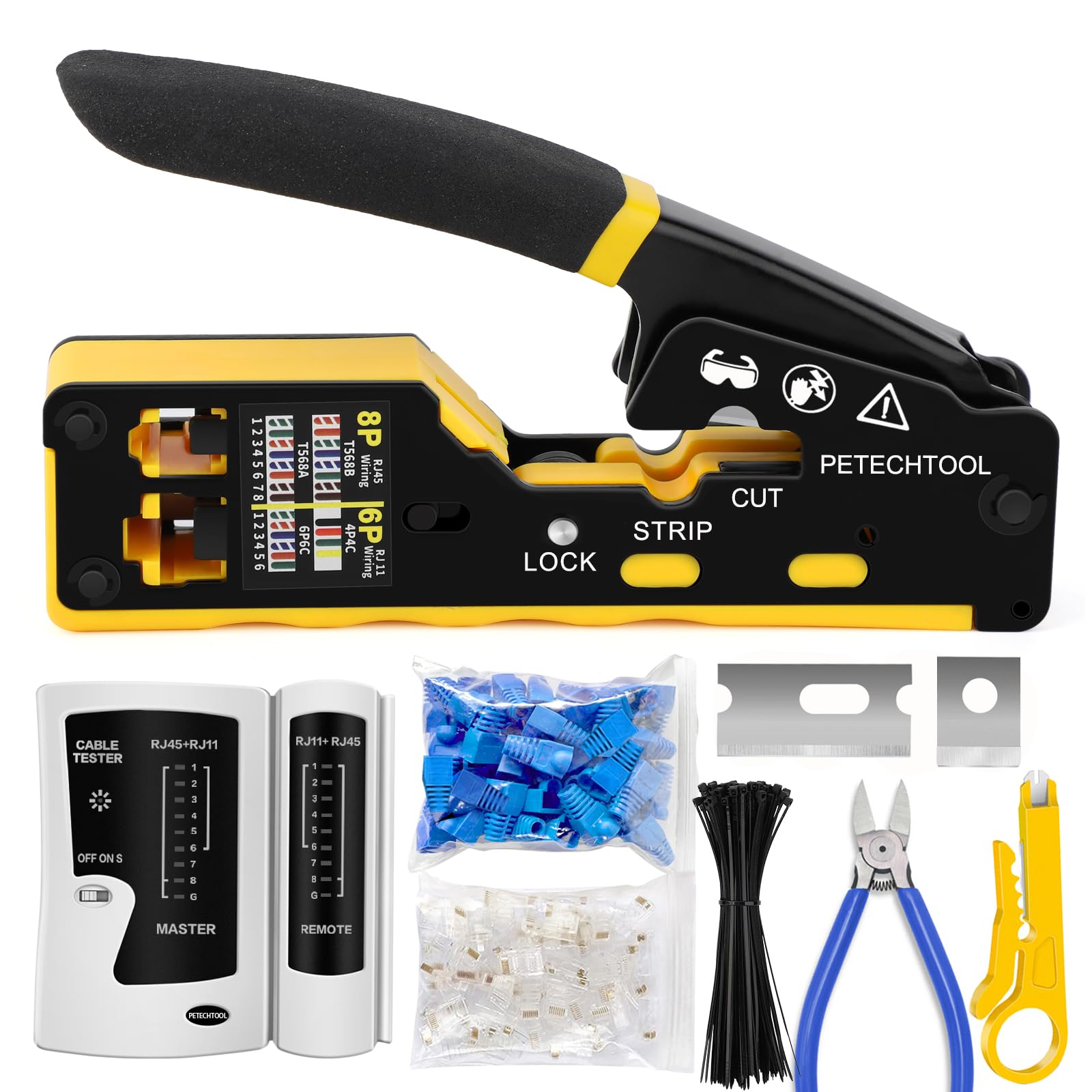 PETECHTOOL RJ45 crimp tool pass-through design for fast, accurate Ethernet terminations.