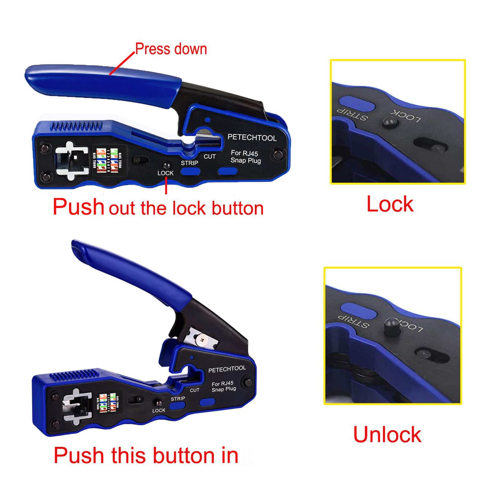 PETECHTOOL RJ45 crimp tool compact design enables one-handed use.