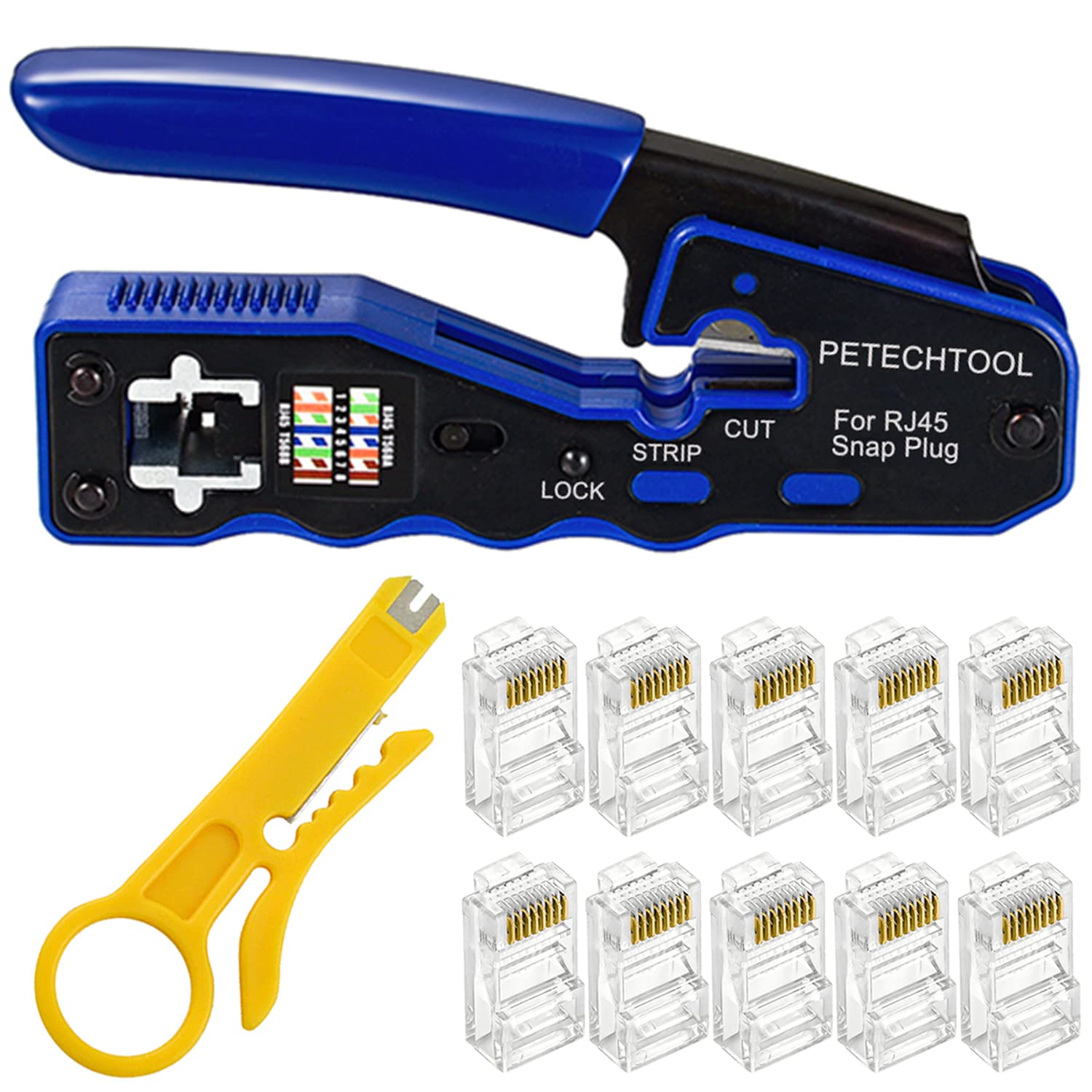 PETECHTOOL RJ45 crimp tool front view for precise pass-through installs.