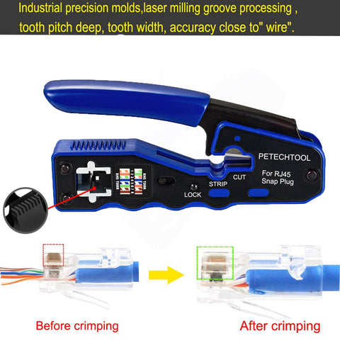 PETECHTOOL RJ45 crimp tool with cutting and stripping functions.