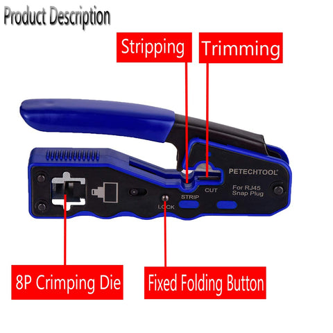 PETECHTOOL crimp tool side profile with ergonomic handle for one-handed use.