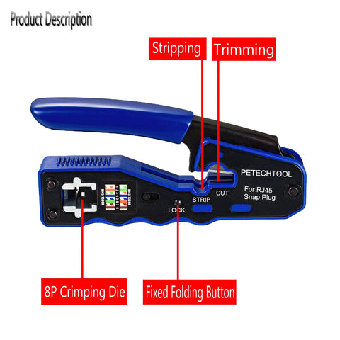 PETECHTOOL RJ45 crimp tool side view shows compact, easy handling.