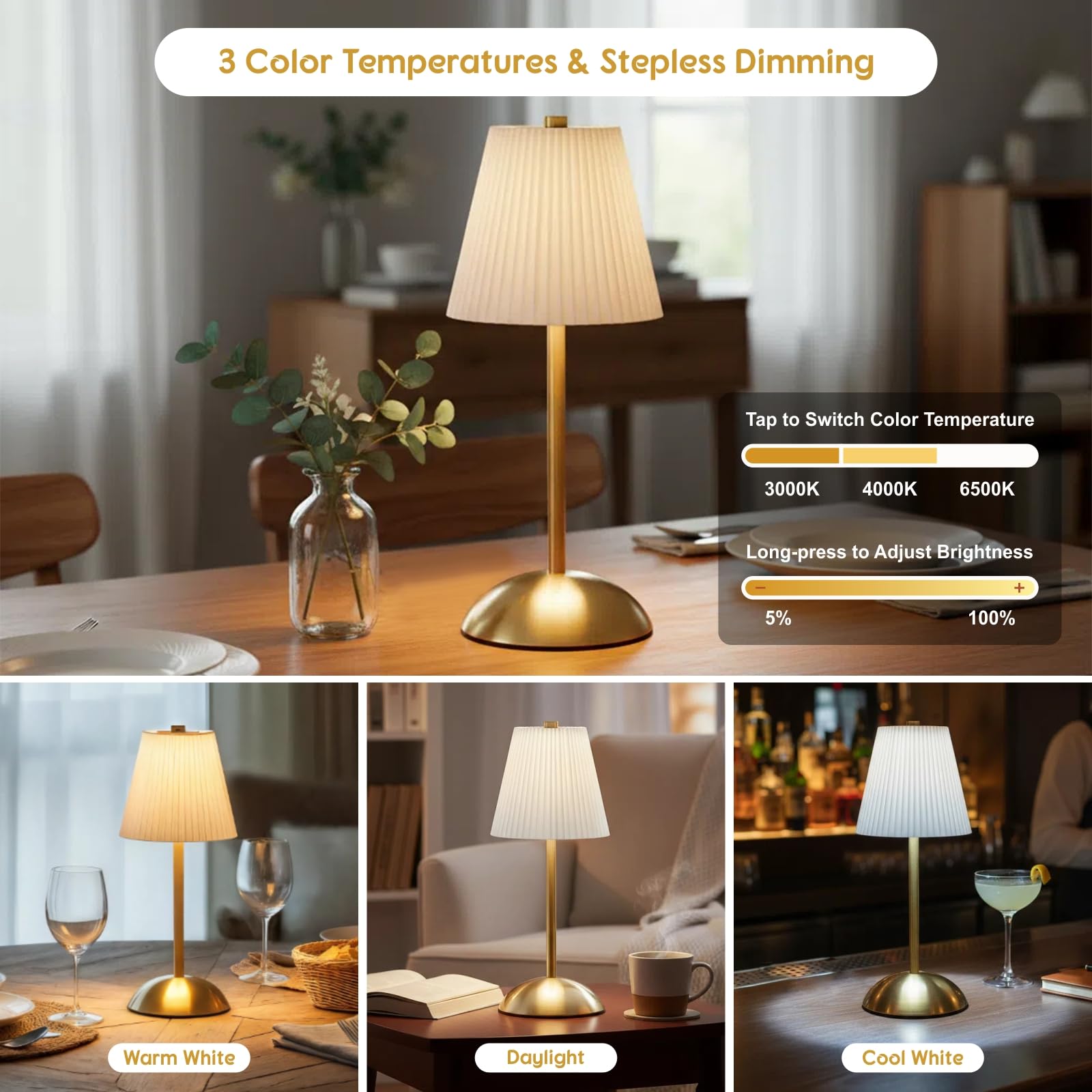 PetiitLyt cordless lamp with touch switch on brushed gold stem enables quick brightness change