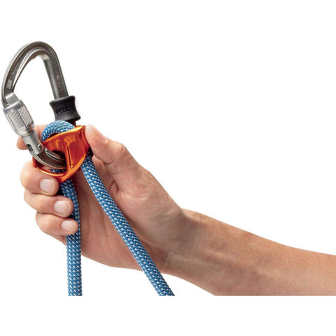 Petzl Connect Adjust Lanyard Blue in use with carabiner for secure tether.