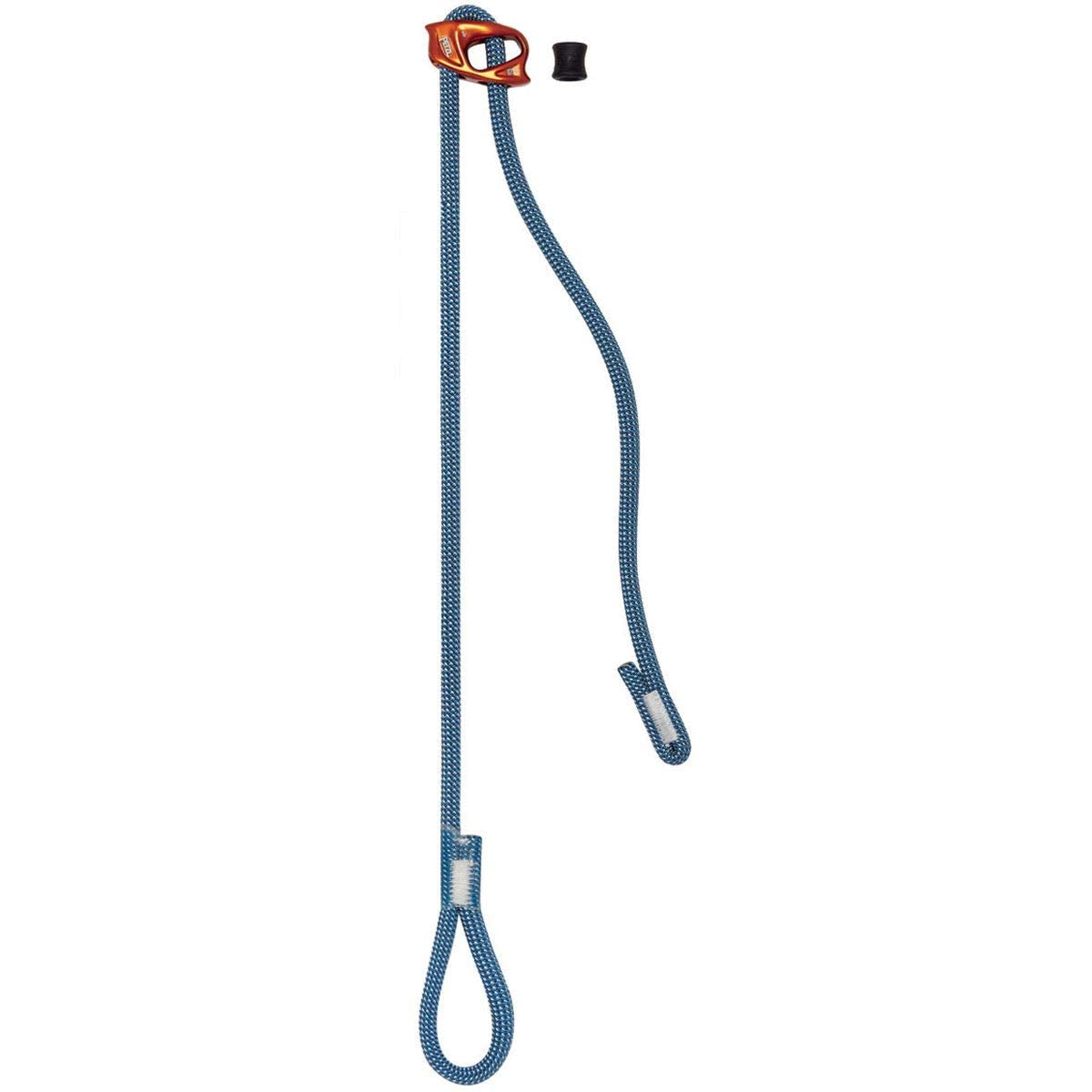 Petzl Connect Adjust Lanyard Blue at anchor showing precise one-handed length adjustment.