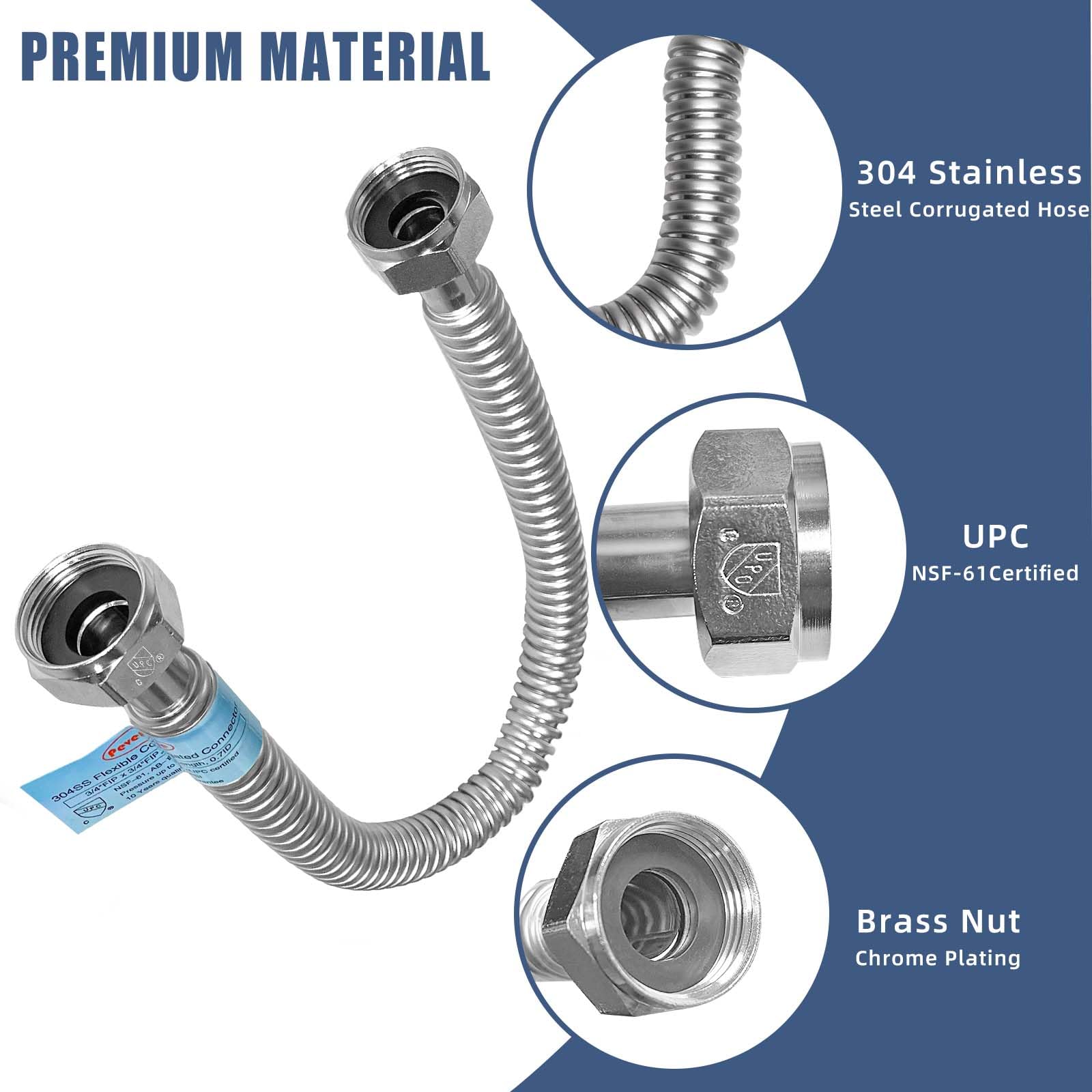 PevePexe stainless corrugated water heater connector resists kinking under high pressure.
