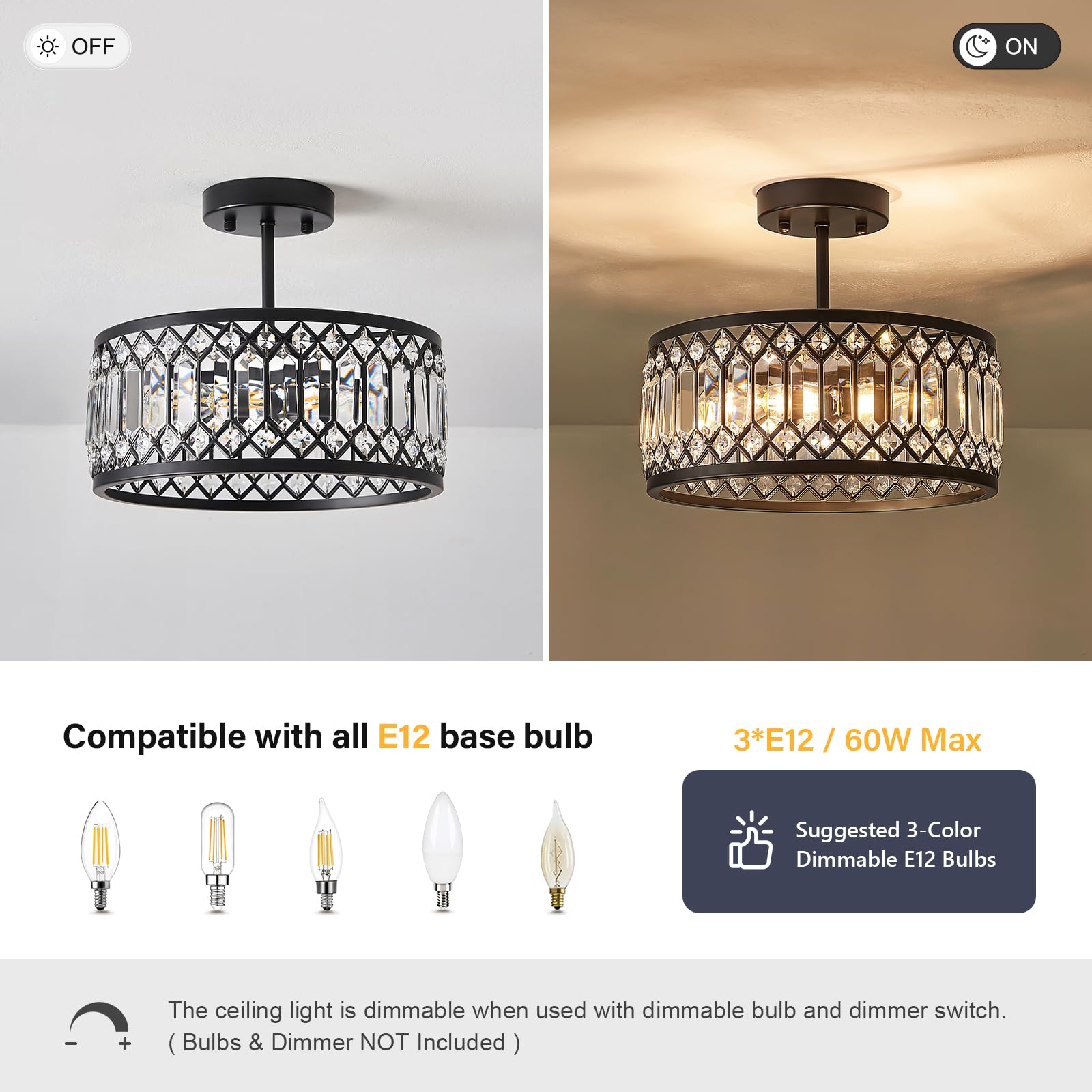 Pevfah Crystal Black Ceiling Light creates warm dining room ambience.