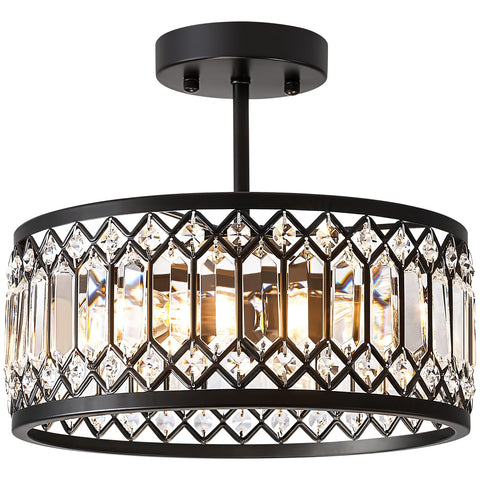 Pevfah Crystal Black Ceiling Light – front view adds contemporary entryway elegance with shimmering crystals.