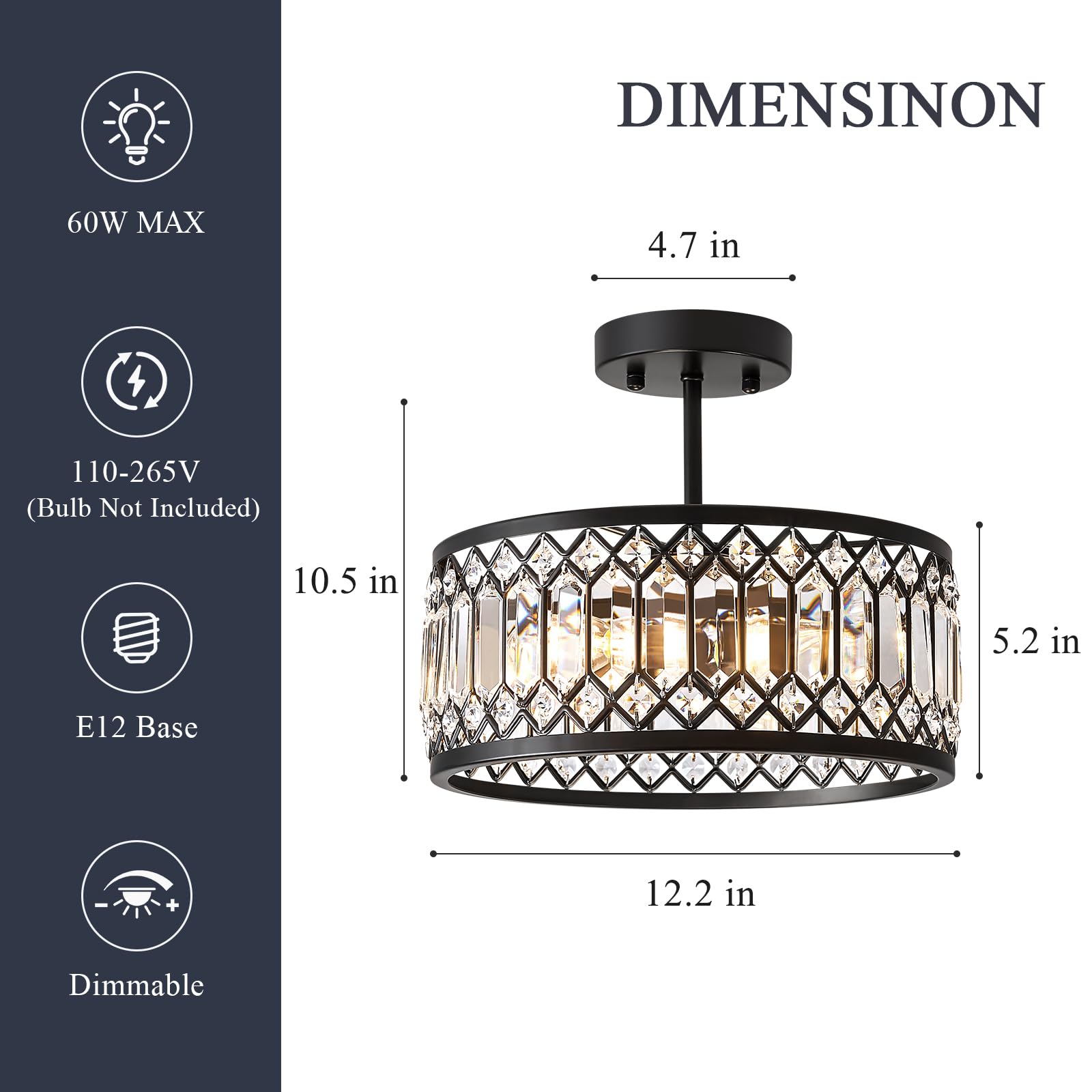 Pevfah Crystal Black Ceiling Light showcases K9 crystals for dazzling reflections.