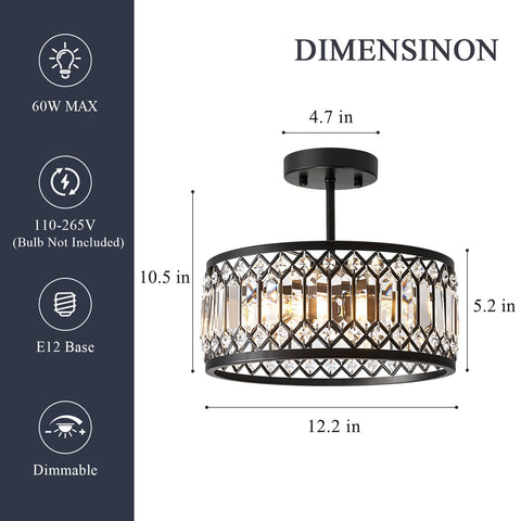 Pevfah Crystal Black Ceiling Light showcases K9 crystals for dazzling reflections.