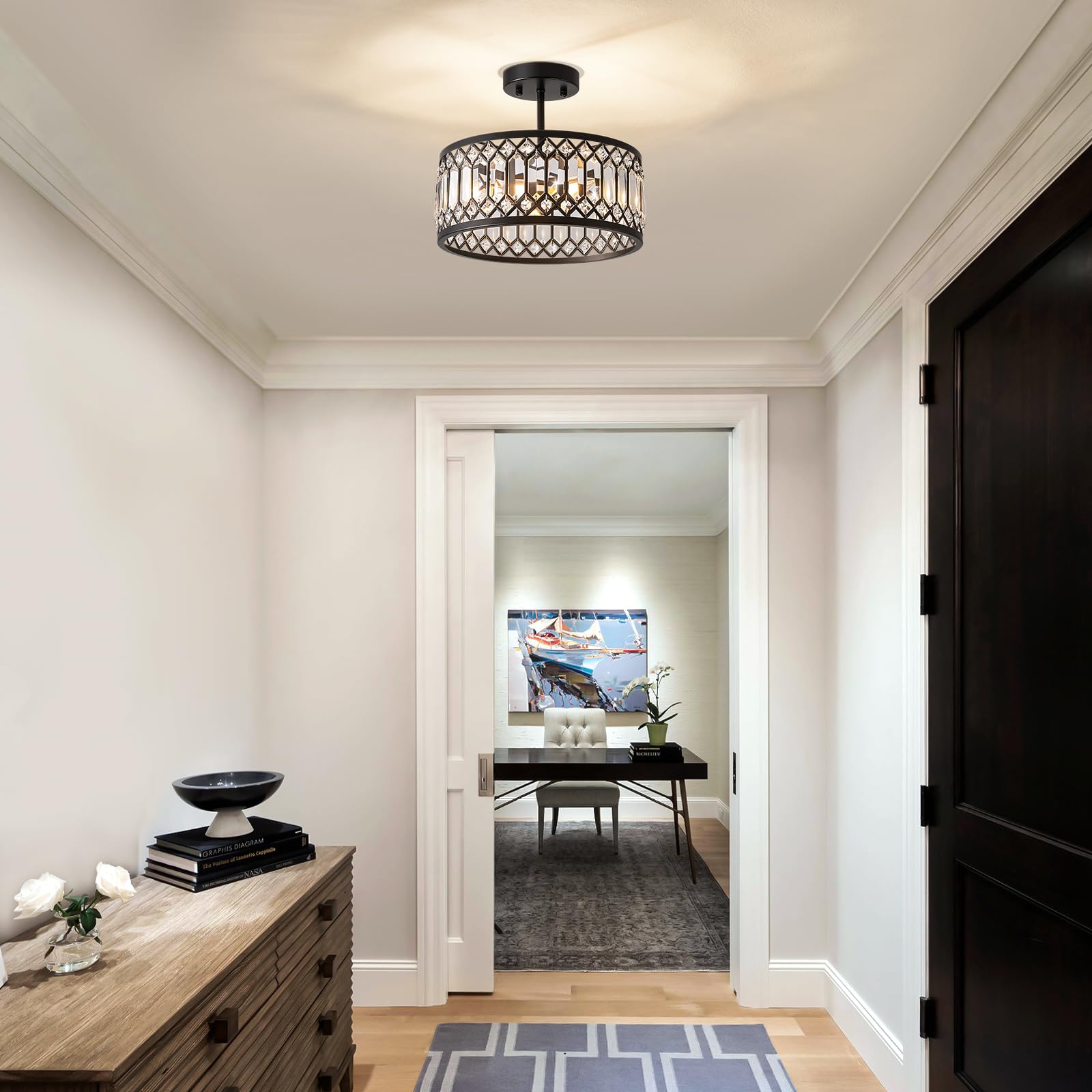Pevfah Crystal Black Ceiling Light shows three-light bulbs for balanced illumination.