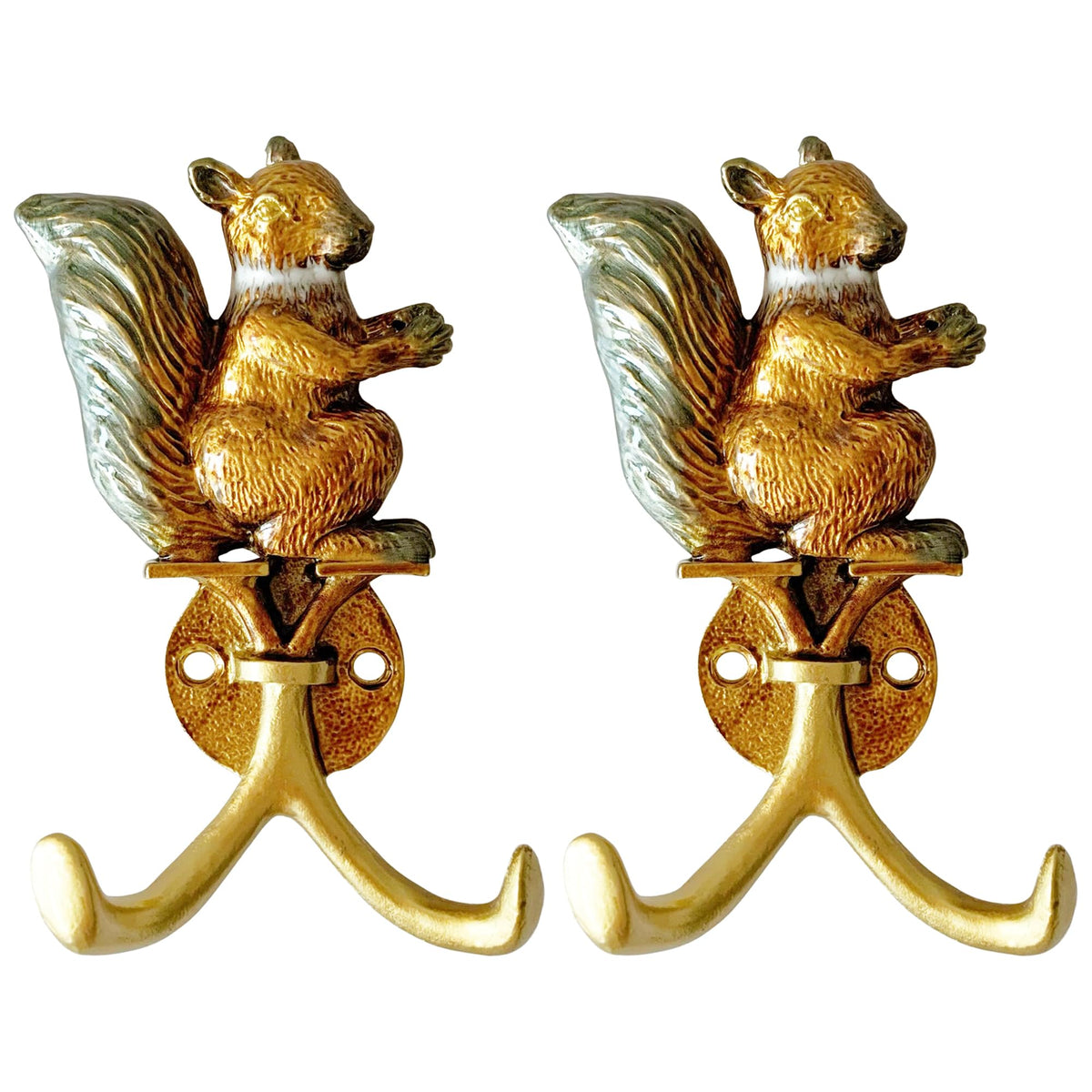 Pewery vintage squirrel wall hook set mounted on wood for sturdy storage