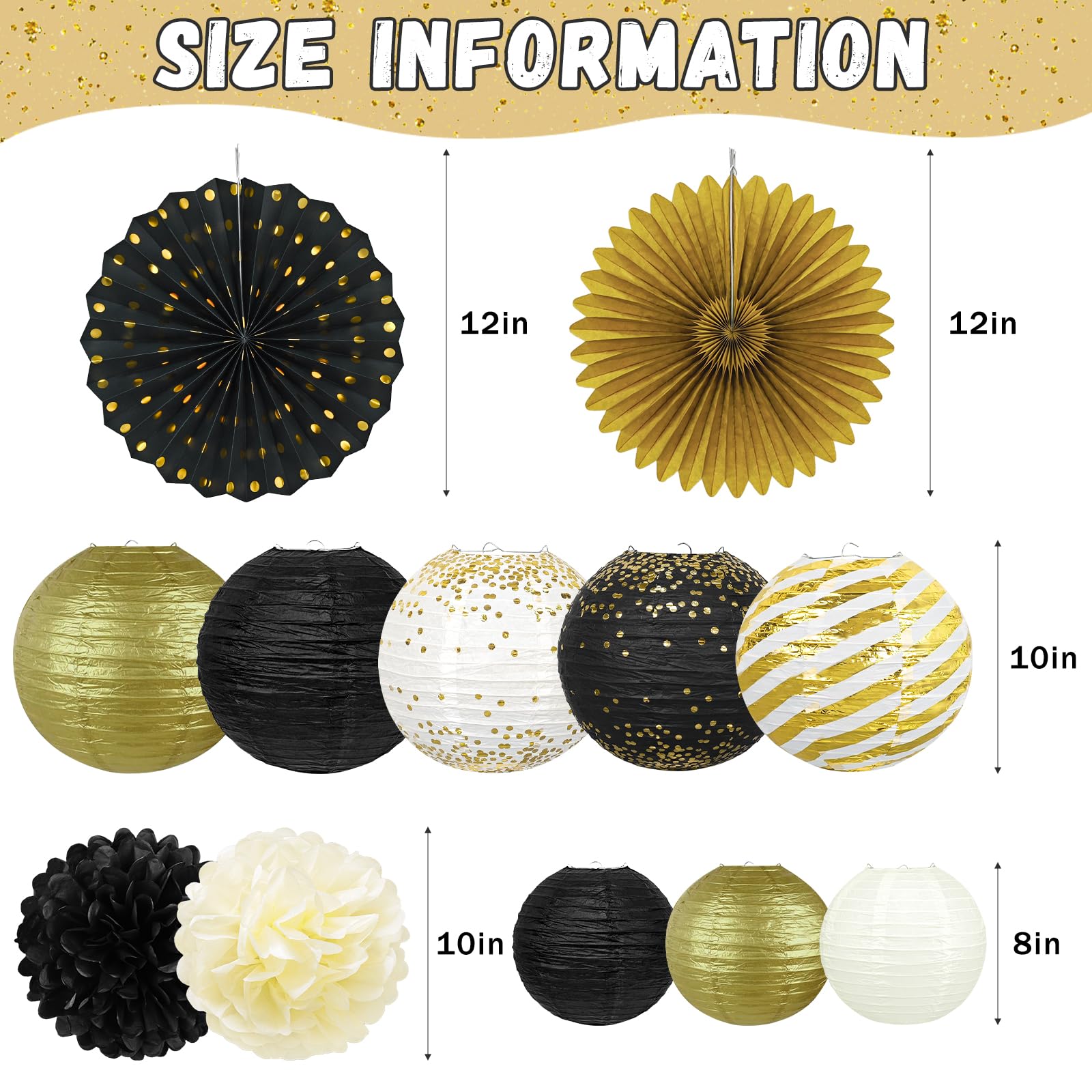 Peywot 10inch black gold paper lanterns for elegant backdrops.