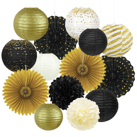 Peywot black gold decorations kit on display for cohesive party decor.