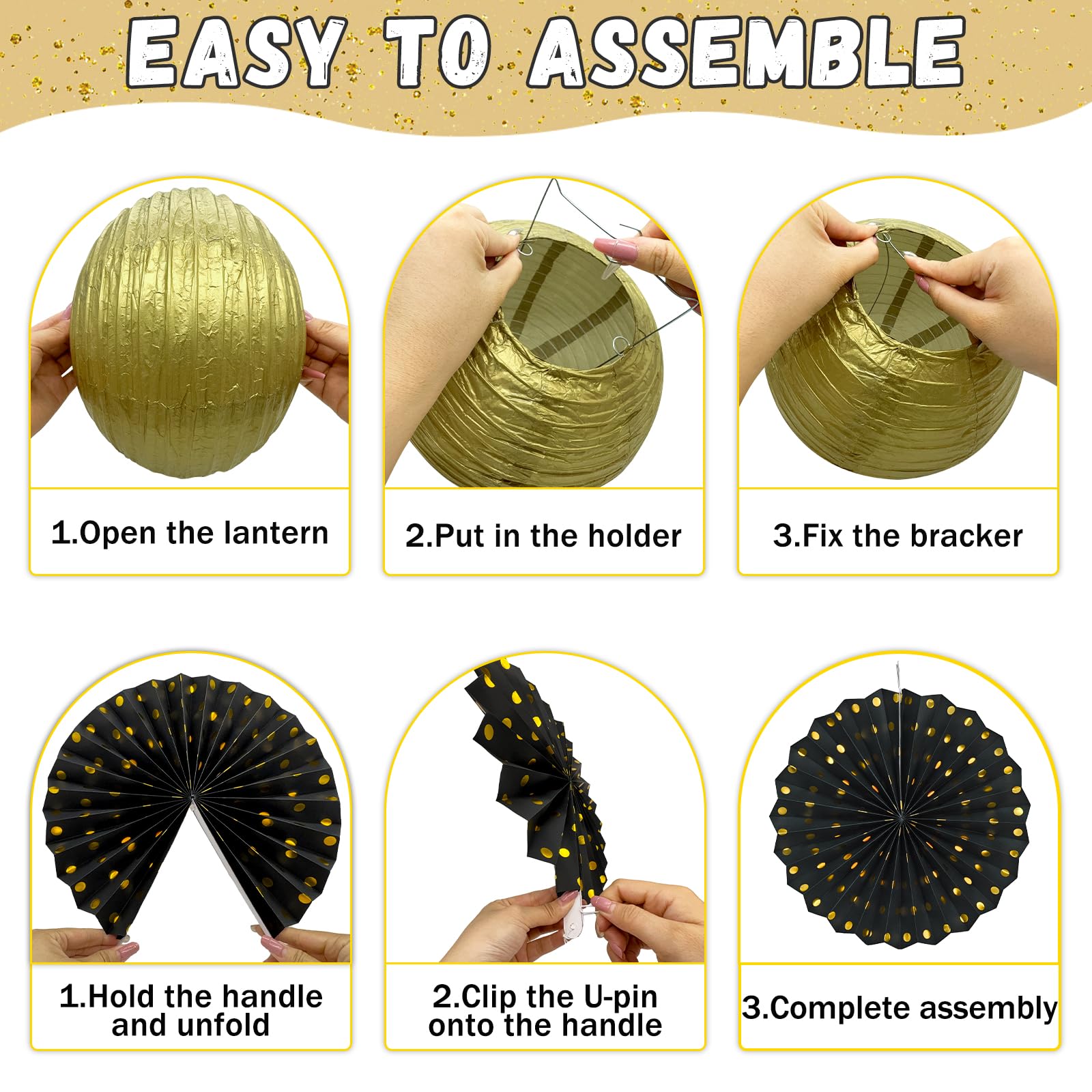 Peywot 8inch black gold paper lanterns add depth to decor.
