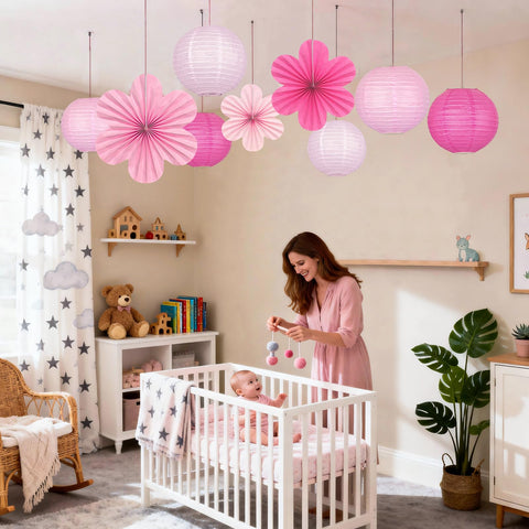 Peywot flower fans 8-inch add soft pink texture to ceilings.