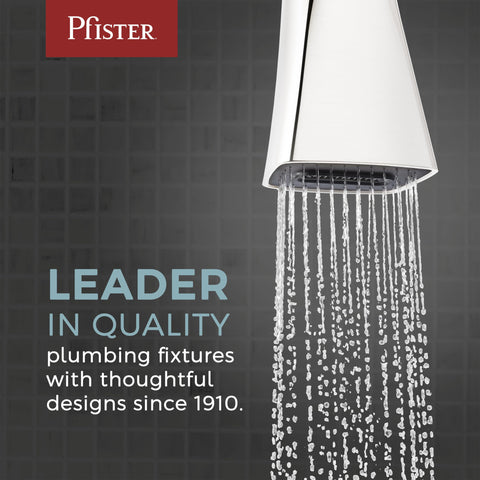 Pfister warranty badge emphasizes Pforever coverage for finish and function