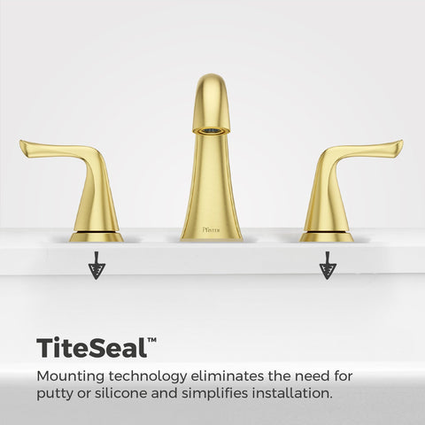 Pfister Willa three-hole installation shown on a spacious vanity deck.