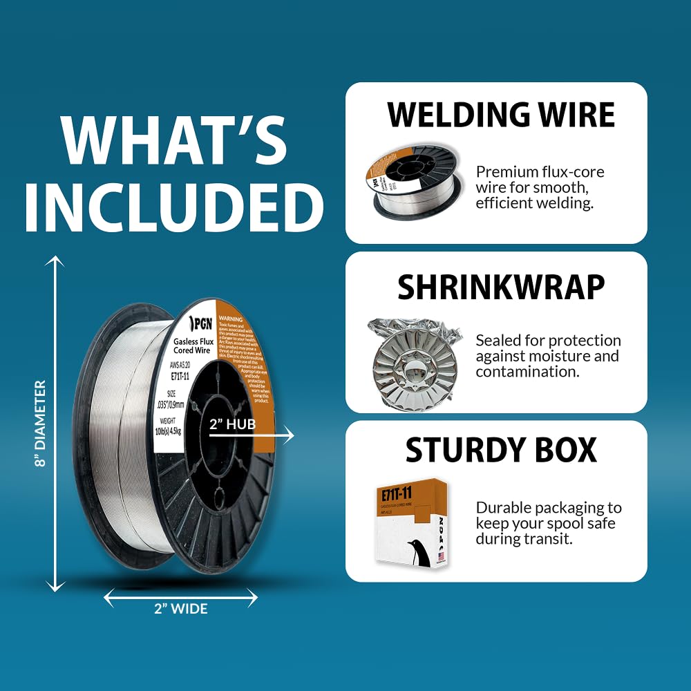 PGN Flux Core Wire spool packaging highlighting easy handling and tangle-free setup