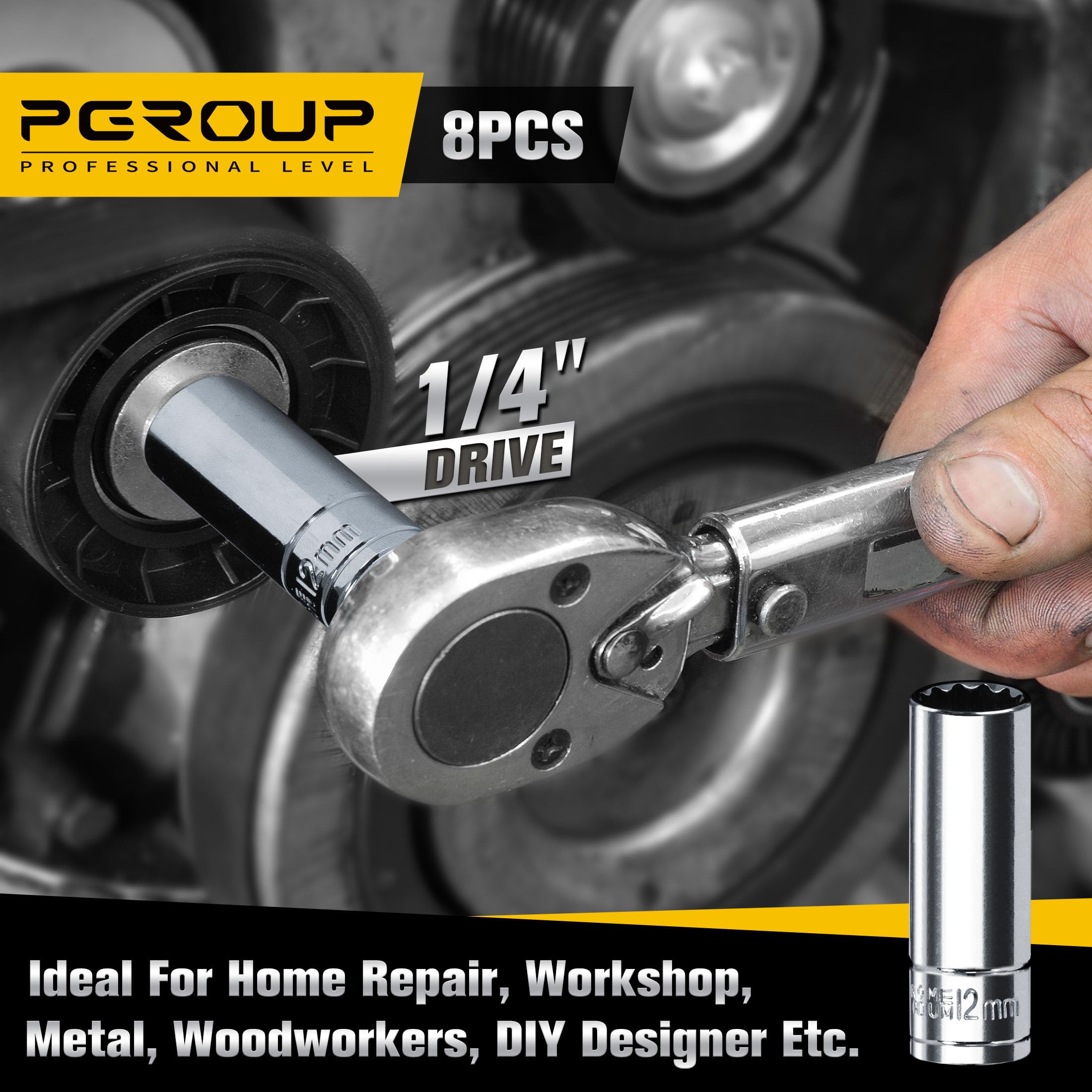 Pgroup 1/4in deep socket 13mm—compact set with wall-mount holder for easy storage.