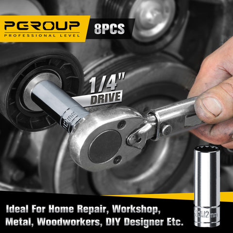 Pgroup 1/4in deep socket 13mm—compact set with wall-mount holder for easy storage.