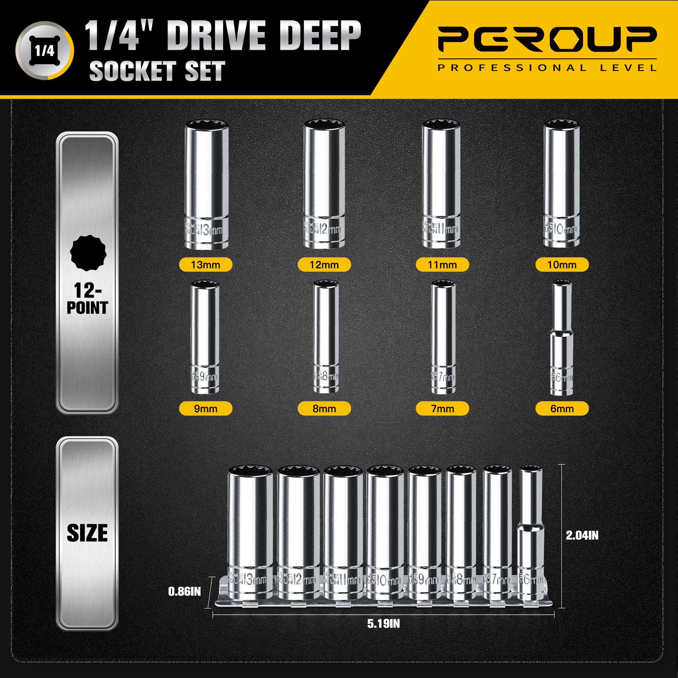 Pgroup 1/4in deep socket 7mm—easy-to-read markings speed up repairs and swaps.