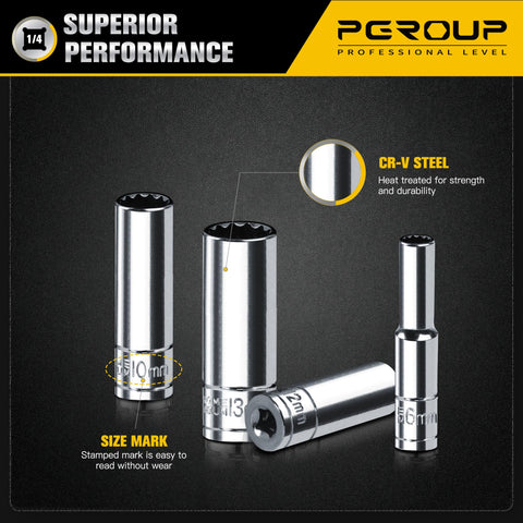 Pgroup 1/4in deep socket 8mm—durable chrome vanadium for long-lasting use.