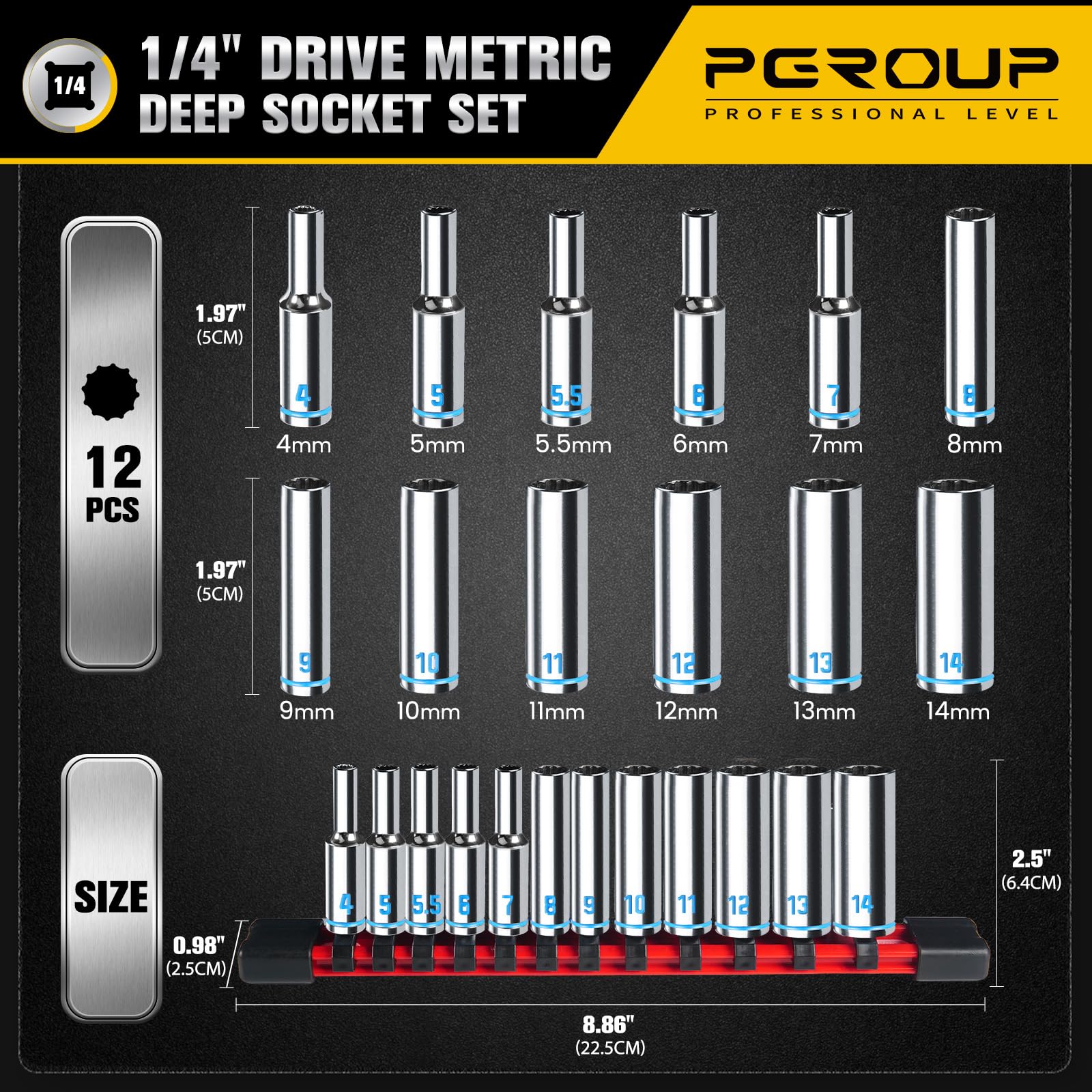 pgroup blue embossed markings improve readability in oily or dim environments.