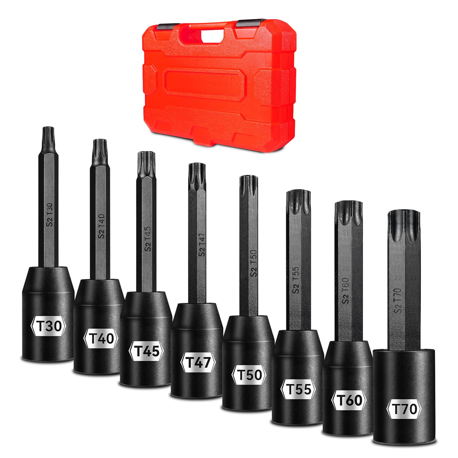 Pgroup half-inch drive Torx socket set with extra-long tips for hard-to-reach fasteners.